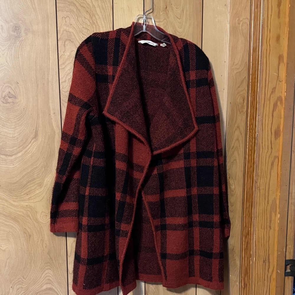 Soft Surroundings Red and Black Checkered Cardigan